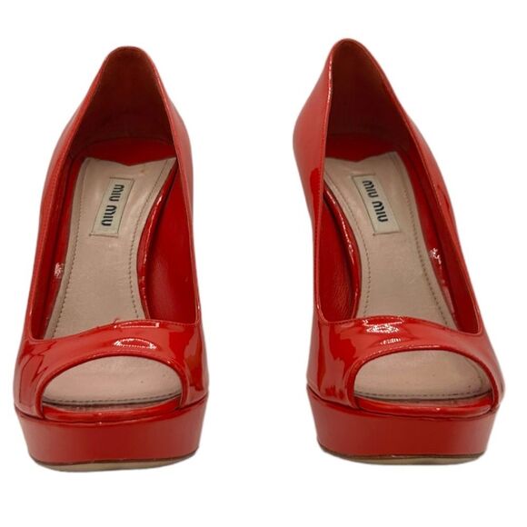 MIU MIU RED PUMPS PATENT LEATHER PEEP TOE BLOCK HIGH HEEL SHOES WOMEN EU 38.5 - Picture 3 of 10